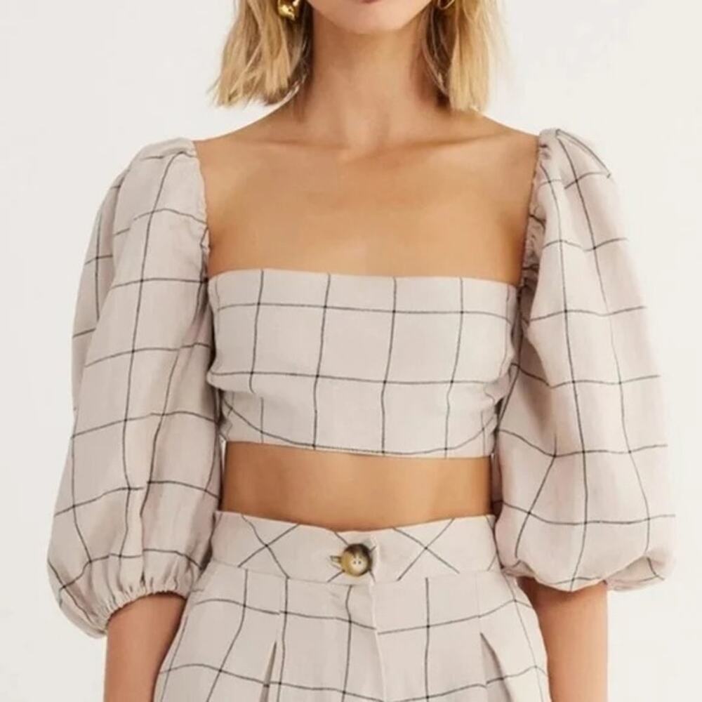 NWT Rumer Quinn Plaid 3/4 Puff Sleeves Linen Crop Top Back Clasp Closure M Ivory